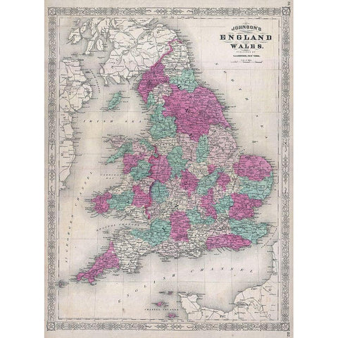 1867 Johnson Map of England and Wales Gold Ornate Wood Framed Art Print with Double Matting by Johnson