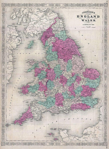 1867 Johnson Map of England and Wales White Modern Wood Framed Art Print with Double Matting by Johnson