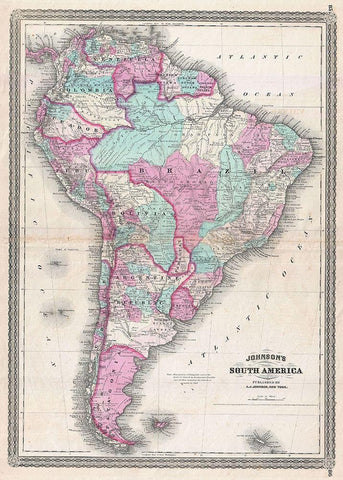 1870_Johnson_Map_of_South_America_ White Modern Wood Framed Art Print with Double Matting by Johnson