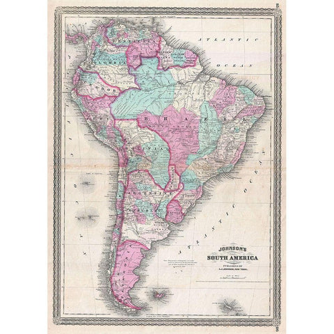 1870_Johnson_Map_of_South_America_ Black Modern Wood Framed Art Print with Double Matting by Johnson