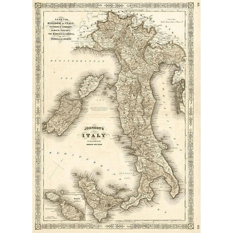 1866 Johnson Map of Italy Antiqued White Modern Wood Framed Art Print by Johnson