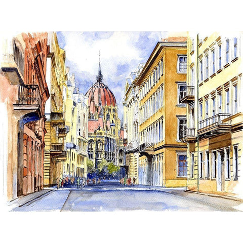 Budapest Street Black Modern Wood Framed Art Print with Double Matting by Bolokofsky, Ronald