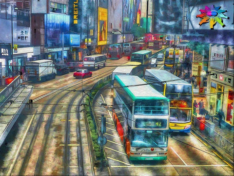 Hong Kong Bus Lines White Modern Wood Framed Art Print with Double Matting by Bolokofsky, Ronald