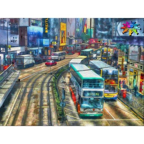 Hong Kong Bus Lines White Modern Wood Framed Art Print by Bolokofsky, Ronald