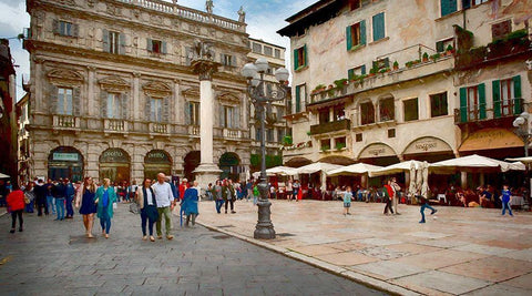 Piazza delle Erbe Verona II White Modern Wood Framed Art Print with Double Matting by Bolokofsky, Ronald