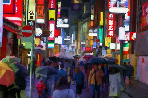 Rainy Night In Tokyo White Modern Wood Framed Art Print with Double Matting by Bolokofsky, Ronald