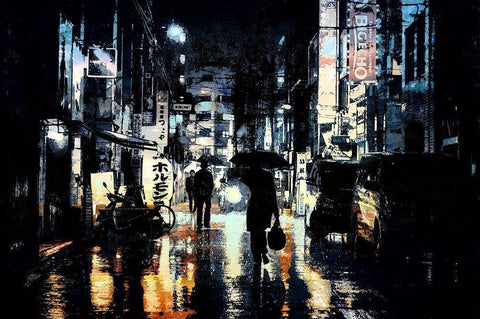 Rainy Streets of Hong Kong White Modern Wood Framed Art Print with Double Matting by Bolokofsky, Ronald