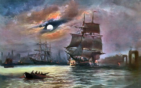 Harbor Moon Black Ornate Wood Framed Art Print with Double Matting by Bolokofsky, Ronald