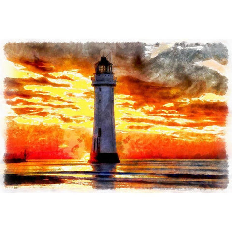 Lighthouse At Sunset III Black Modern Wood Framed Art Print with Double Matting by Bolokofsky, Ronald