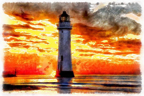 Lighthouse At Sunset III White Modern Wood Framed Art Print with Double Matting by Bolokofsky, Ronald