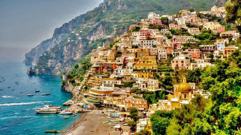 Positano Panorama  Black Ornate Wood Framed Art Print with Double Matting by Bolokofsky, Ronald