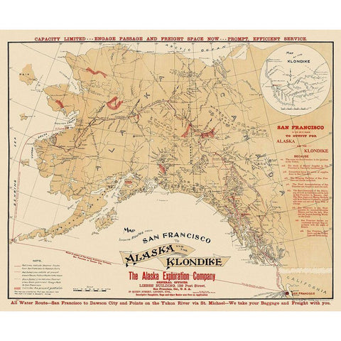 Routes San Francisco to Alaska to Klondike Gold Ornate Wood Framed Art Print with Double Matting by Davidson