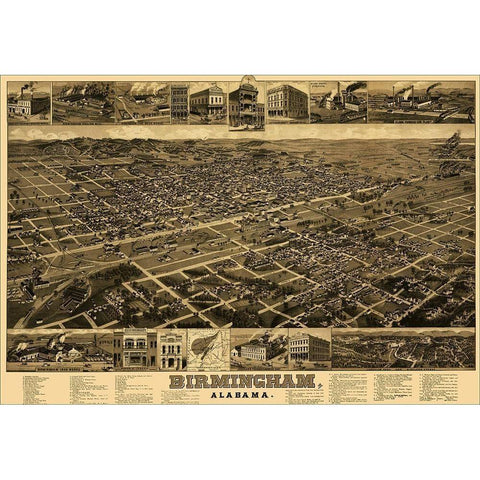 Birmingham Alabama - Beck 1885 Gold Ornate Wood Framed Art Print with Double Matting by Beck