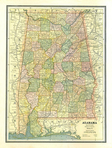 Alabama - Cram 1886 White Modern Wood Framed Art Print with Double Matting by Cram