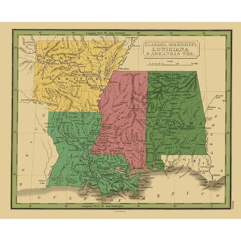 Alabama, Mississippi, Louisiana, Arkansas Black Modern Wood Framed Art Print with Double Matting by Grigg