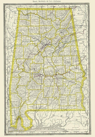 Alabama - Rand McNally 1890 White Modern Wood Framed Art Print with Double Matting by Rand McNally