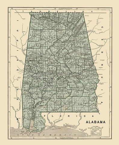 Alabama - Morse 1845 White Modern Wood Framed Art Print with Double Matting by Morse