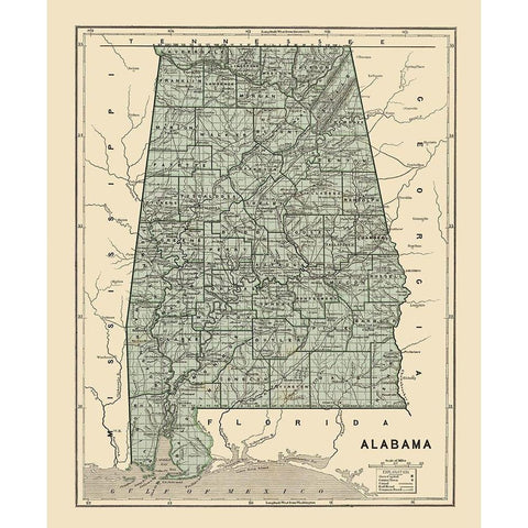 Alabama - Morse 1845 Gold Ornate Wood Framed Art Print with Double Matting by Morse