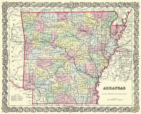 Arkansas - Colton 1855 Black Ornate Wood Framed Art Print with Double Matting by Colton