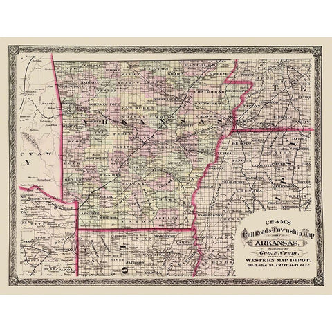 Arkansas - Cram 1875 Black Modern Wood Framed Art Print with Double Matting by Cram