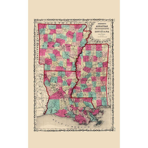 Arkansas, Mississippi, Louisiana - Johnson 1860 Gold Ornate Wood Framed Art Print with Double Matting by Johnson