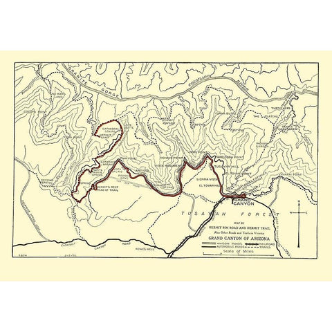 Hermit Rim Road, Trail Grand Canyon 1915 Black Modern Wood Framed Art Print with Double Matting by Rand McNally