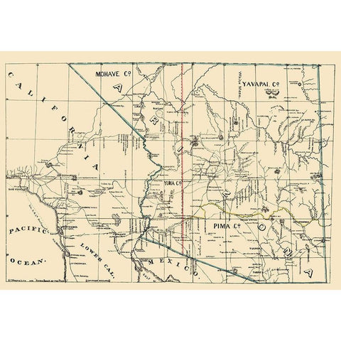 Arizona, California - Brown 1866 White Modern Wood Framed Art Print by Brown