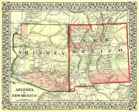 Arizona  New Mexico - Mitchell 1867 Black Ornate Wood Framed Art Print with Double Matting by Mitchell