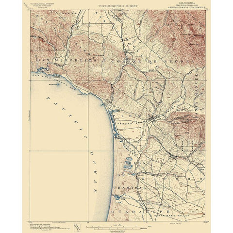 Arroyo Grande California Quad - USGS 1897 Black Modern Wood Framed Art Print with Double Matting by USGS