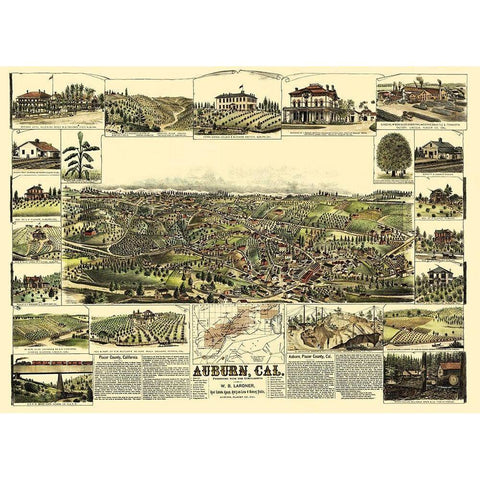 Auburn California - Lardner 1887 Gold Ornate Wood Framed Art Print with Double Matting by Lardner