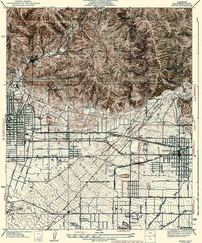 Azusa California Quad - USGS 1939 White Modern Wood Framed Art Print with Double Matting by USGS
