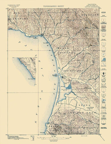 Cayucos California Quad - USGS 1897 Black Ornate Wood Framed Art Print with Double Matting by USGS