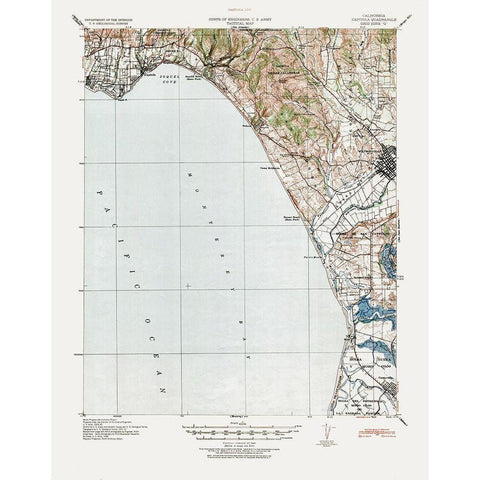 Capitola California Quad - USGS 1940 Gold Ornate Wood Framed Art Print with Double Matting by USGS