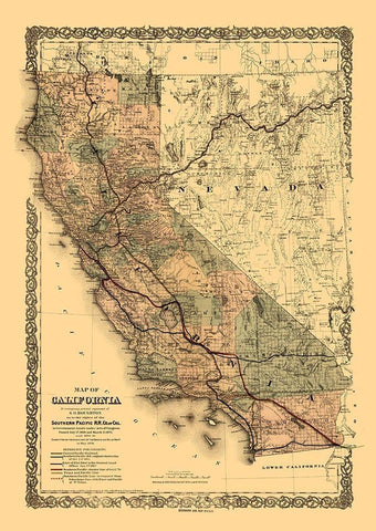 California Railroads - Colton 1876  Black Ornate Wood Framed Art Print with Double Matting by Colton