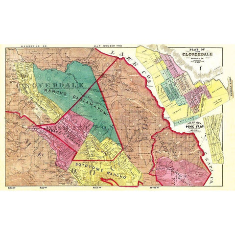 Plat of Cloverdale California - Thompson 1877 Gold Ornate Wood Framed Art Print with Double Matting by Thompson