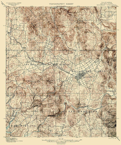 Escondido California Quad - USGS 1901 White Modern Wood Framed Art Print with Double Matting by USGS