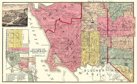 Healdsburg California Landowner - Thompson 1877 Black Ornate Wood Framed Art Print with Double Matting by Thompson