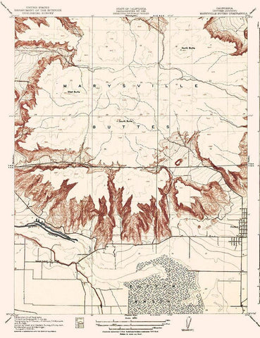 Marysville Buttes California Quad - USGS 1912 White Modern Wood Framed Art Print with Double Matting by USGS