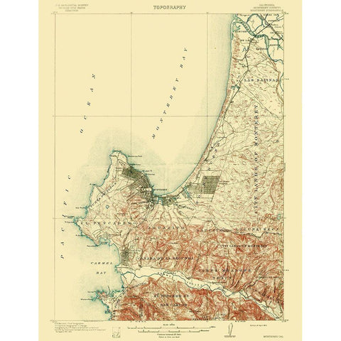 Monterey California Quad - USGS 1913 Gold Ornate Wood Framed Art Print with Double Matting by USGS