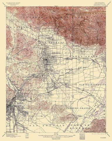 Pasadena California Quad - USGS 1900 White Modern Wood Framed Art Print with Double Matting by USGS