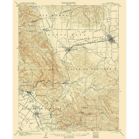 Pleasanton California Quad - USGS 1906 Black Modern Wood Framed Art Print with Double Matting by USGS