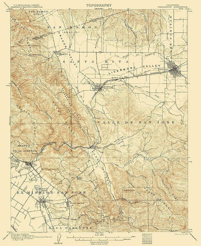 Pleasanton California Quad - USGS 1906 White Modern Wood Framed Art Print with Double Matting by USGS