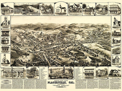 Placerville California - Elliot 1888 Black Ornate Wood Framed Art Print with Double Matting by Elliot