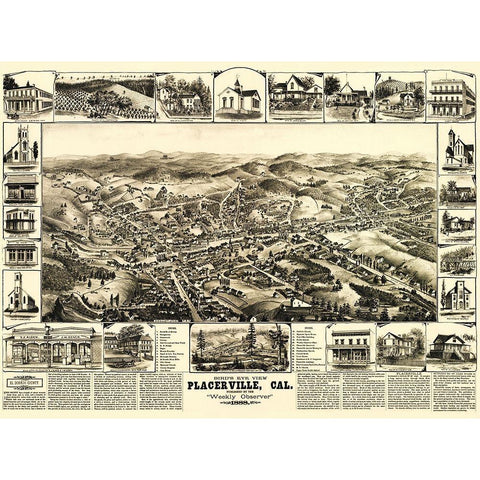 Placerville California - Elliot 1888 Black Modern Wood Framed Art Print by Elliot