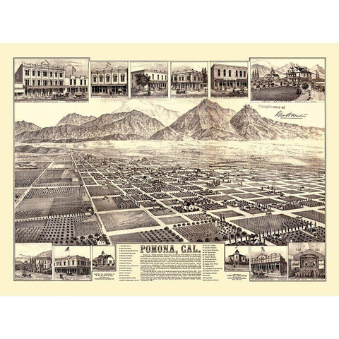 Pomona California - Elliot 1886 Gold Ornate Wood Framed Art Print with Double Matting by Elliot