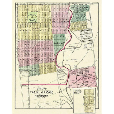 San Jose, 3rd Ward California Landowner White Modern Wood Framed Art Print by Thompson