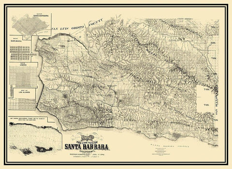 Santa Barbara California Landowner - Huber 1889 White Modern Wood Framed Art Print with Double Matting by Huber