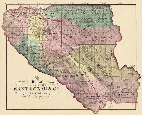 Santa Clara California - Thompson 1876 Black Ornate Wood Framed Art Print with Double Matting by Thompson