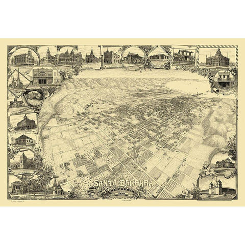 Santa Barbara California - Gifford 1898 Black Modern Wood Framed Art Print with Double Matting by Gifford