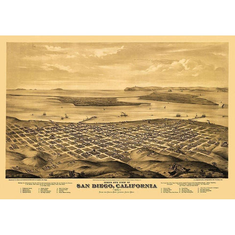 San Diego California - Bancroft 1876 Gold Ornate Wood Framed Art Print with Double Matting by Bancroft